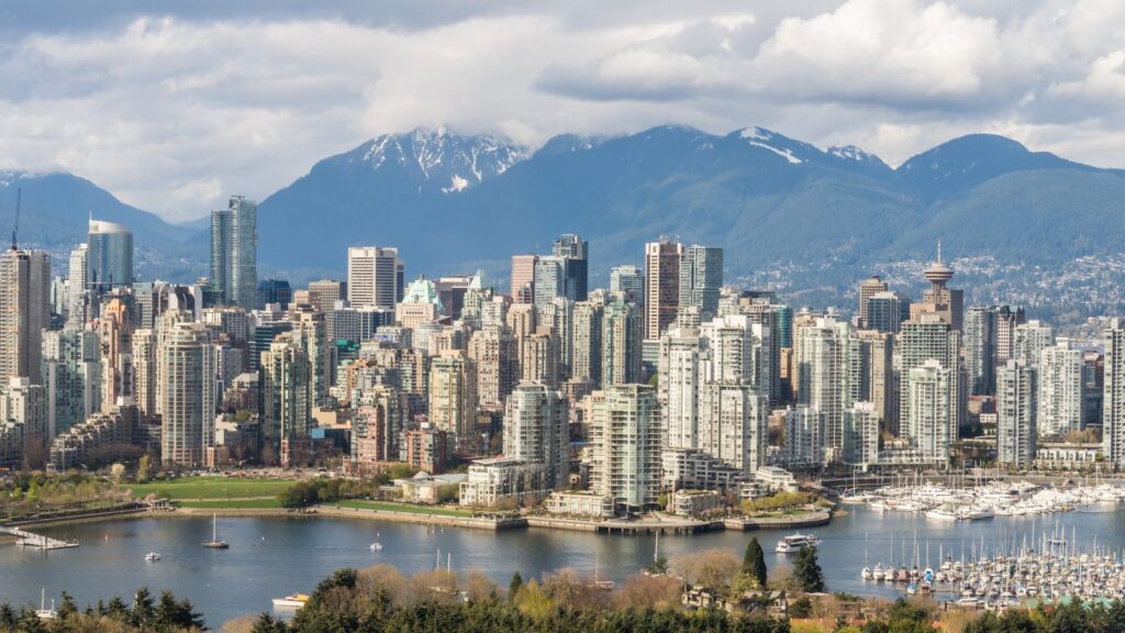 Vancouver skyline with mountains and marina
